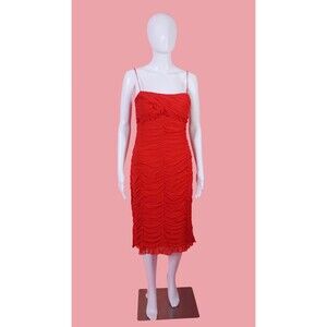 1990s CACHE  Red SILK CHIFFON Draped Dress wiRuffle Details. Small. As Is